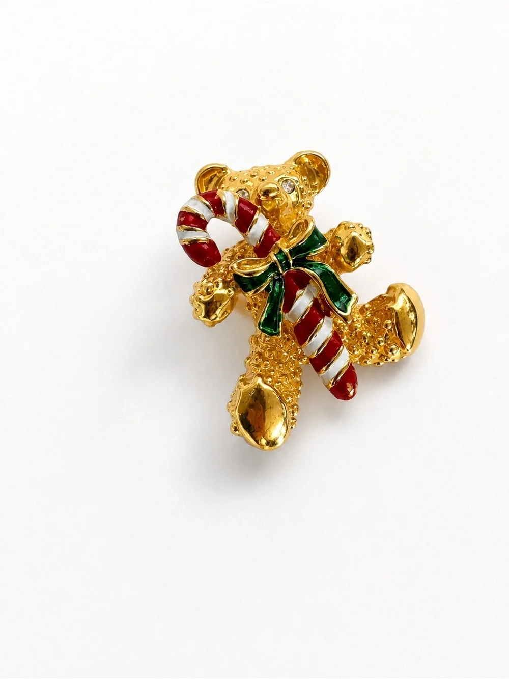 Vintage Gold Tone Teddy Bear Christmas Brooch Pin Candy Cane Holiday Rhinestones